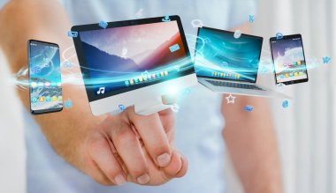 İşadamı teknik cihazlar ve simgeler uygulamaları 3d re bağlanılıyor