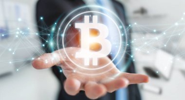 İşadamı bitcoins cryptocurrency 3d işleme kullanarak