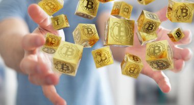 İşadamı bitcoins cryptocurrency 3d işleme kullanarak