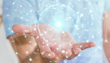 Planet earth ağ küre 3d işlemesini kullanan iş adamı