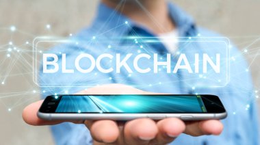 İşadamı blockchain cryptocurrency arabirimi 3d renderi kullanarak