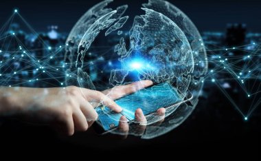 Planet earth ağ küre 3d işlemesini kullanan iş adamı