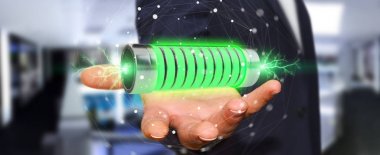 İşadamı Lightning'ler 3d render ile yeşil pil kullanımı