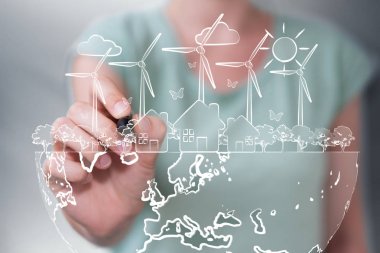 Businesswoman drawing renewable energy sketch clipart
