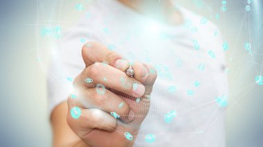 Hologram veriler dijital küre bir kalem 3d r kullanarak iş adamı