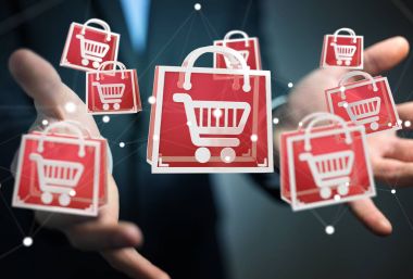 Dijital alışveriş simgeleri 3B oluşturmayı kullanarak iş adamı