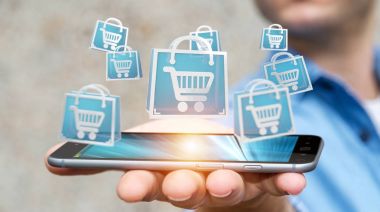 Dijital alışveriş simgeleri 3B oluşturmayı kullanarak iş adamı