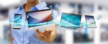 İşadamı teknik cihazlar ve simgeler uygulamaları 3d re bağlanılıyor