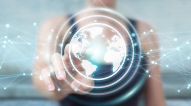 Planet earth ağ küre 3d işlemesini kullanan iş kadını