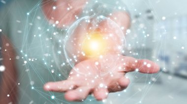 Planet earth ağ küre 3d işlemesini kullanan iş kadını