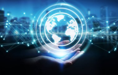 Planet earth ağ küre 3d işlemesini kullanan iş kadını