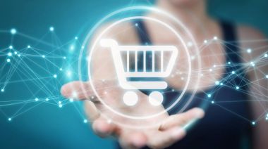 Dijital alışveriş simgeleri kullanarak bağlantıları 3d ren ile işadamı
