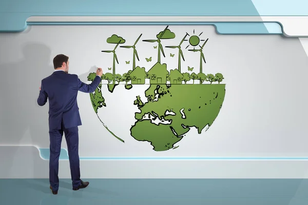 Zakenman, het tekenen van de schets van de hernieuwbare energie op een bord 3d render — Stockfoto