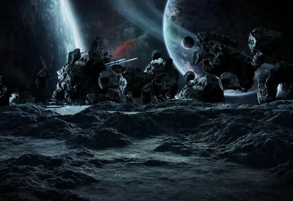 Astronautas explorando un asteroide 3D elementos de representación de este i — Foto de Stock