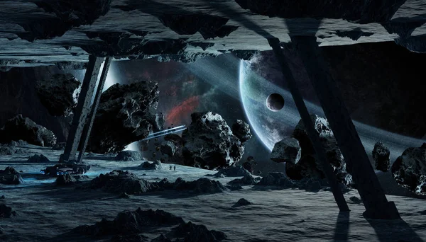 Astronautas explorando una nave espacial asteroide 3D elementos de renderización — Foto de Stock