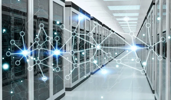 Centro de sala de servidores que intercambia datos cibernéticos renderizado 3D —  Fotos de Stock