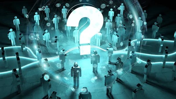 Frågetecken som upplysande en grupp människor 3d-rendering — Stockfoto