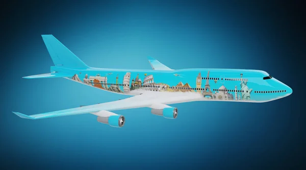 Avião com marcos famosos do mundo renderização 3D — Fotografia de Stock