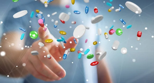 Omul de afaceri deține și atinge pastile de medicină plutitoare 3D rend — Fotografie, imagine de stoc