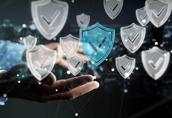 Modern veri kalkan virüsten koruma 3d işlemesini kullanan iş adamı