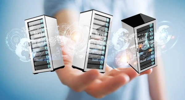 Businessman connecting servers room data center 3D rendering — Stock Photo, Image