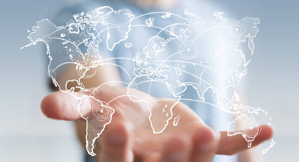 Бизнесмен, держащий набросок мировой связи
