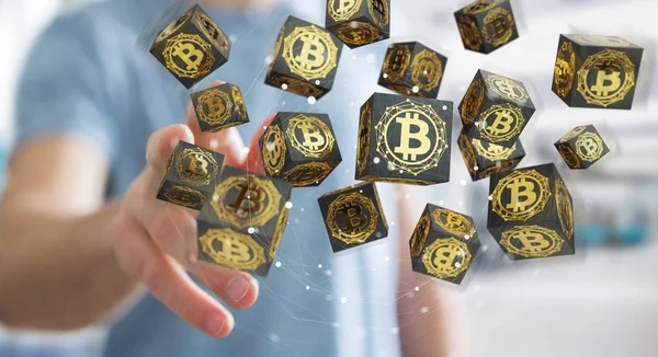 Biznesmen za pomocą bitcoins kryptowaluta renderowania 3d — Zdjęcie stockowe