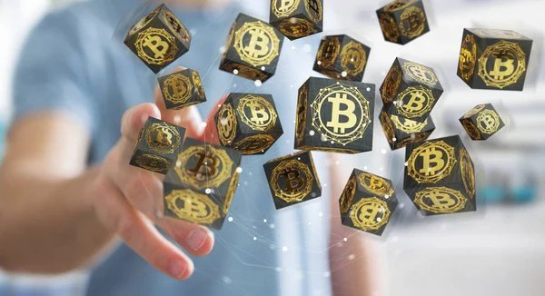 Empresário usando bitcoins criptomoeda 3D renderização — Fotografia de Stock