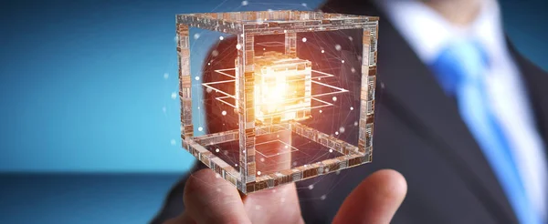 Бизнесмен, использующий футуристический кубический текстурированный объект 3D рендеринг — стоковое фото