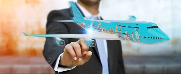 Бизнесмен с самолетом и знаменитыми достопримечательностями мира 3D ренд — стоковое фото