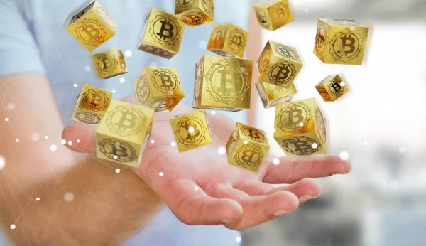 Podnikatel, pomocí bitcoins kryptoměn 3d vykreslování — Stock fotografie