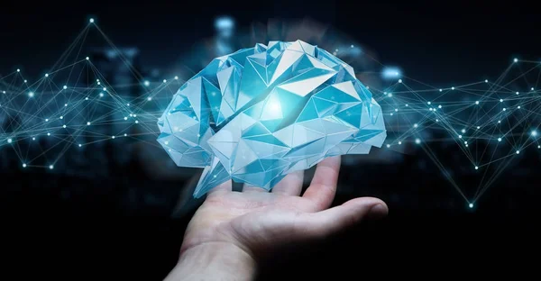 Бизнесмен, использующий цифровой рентгеновский интерфейс человеческого мозга 3D рендери — стоковое фото