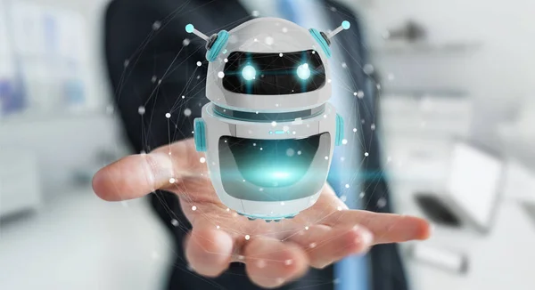 Empresário usando a aplicação de robô digital chatbot 3D renderização — Fotografia de Stock