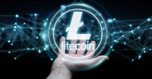 Pengusaha menggunakan litecoin cryptocurrency 3D rendering — Stok Foto