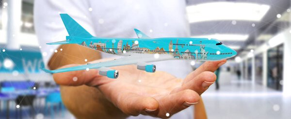 Businessman with plane and famous landmarks of the world 3D rend