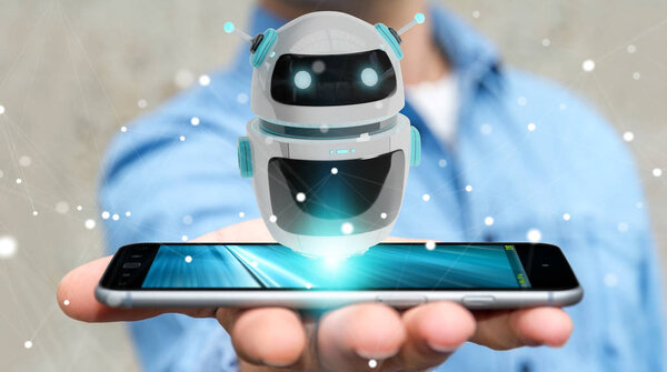 Бизнесмен, использующий приложение цифрового робота Chatbot 3D рендеринг
