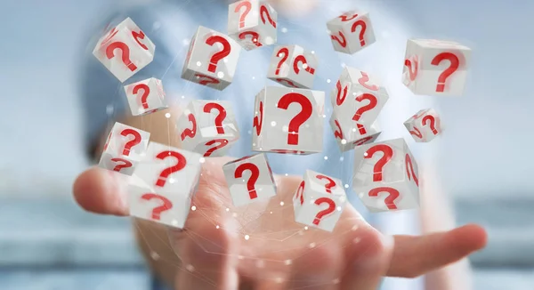 Businessman using cubes with 3D rendering question marks — Stock Photo, Image