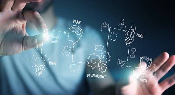 Businessman using manuscript project presentation with his hand