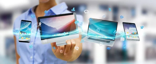 Businessman connecting tech devices and icons applications 3D re — Stock Photo, Image