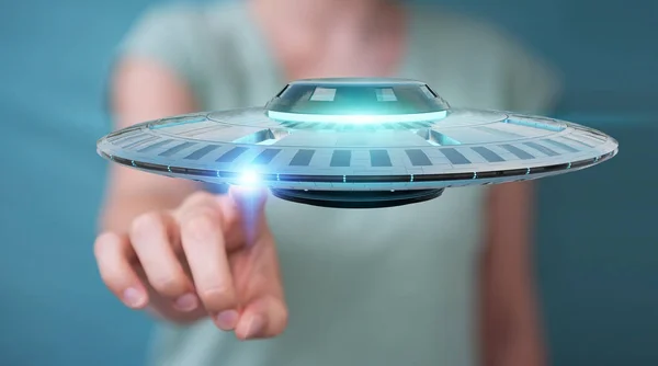 Donna d'affari con astronave retrò UFO rendering 3D — Foto Stock