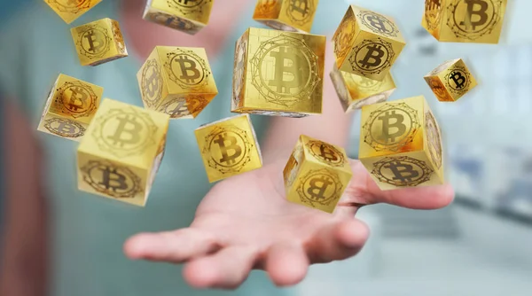 Empresária usando bitcoins criptomoeda 3D renderização — Fotografia de Stock