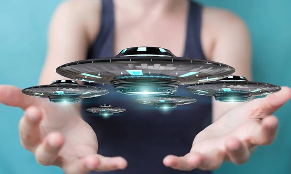 Femme d'affaires avec vaisseau spatial ovni rétro rendu 3D — Photo