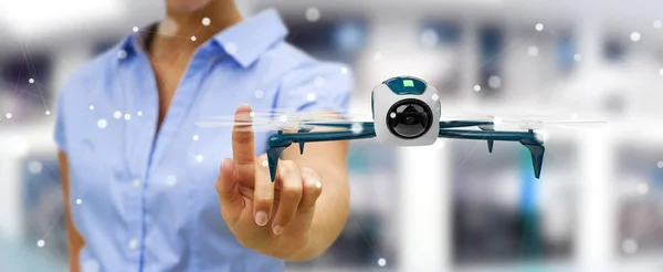 Businesswoman using modern drone 3D rendering — Stock Photo, Image