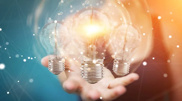Businesswoman connecting modern lightbulbs with connections 3D r — Stock Photo, Image