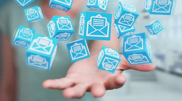 Femme d'affaires utilisant des courriels cube flottant rendu 3D — Photo