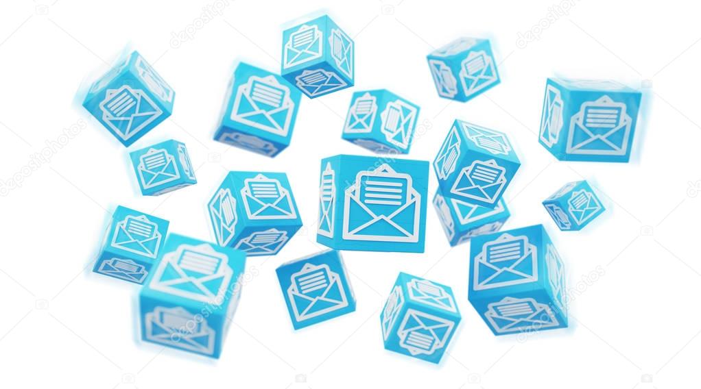 Floating cube emails illustration 3D rendering