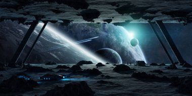 Astronauts exploring an asteroid spaceship 3D rendering elements clipart