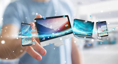 İşadamı teknik cihazlar ve simgeler uygulamaları 3d re bağlanılıyor