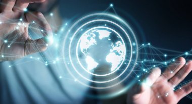 Planet earth ağ küre 3d işlemesini kullanan iş adamı