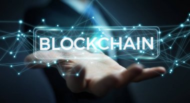 İşadamı blockchain cryptocurrency arabirimi 3d renderi kullanarak